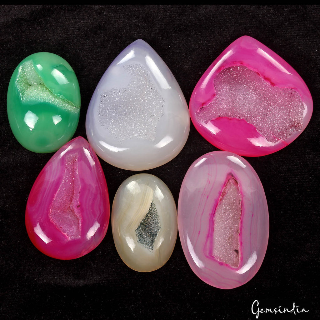 570 Ct Natural Multicolor Druzy Onyx Mix Cabochon 35-50mm Loose Gemstone Lot 6Pc