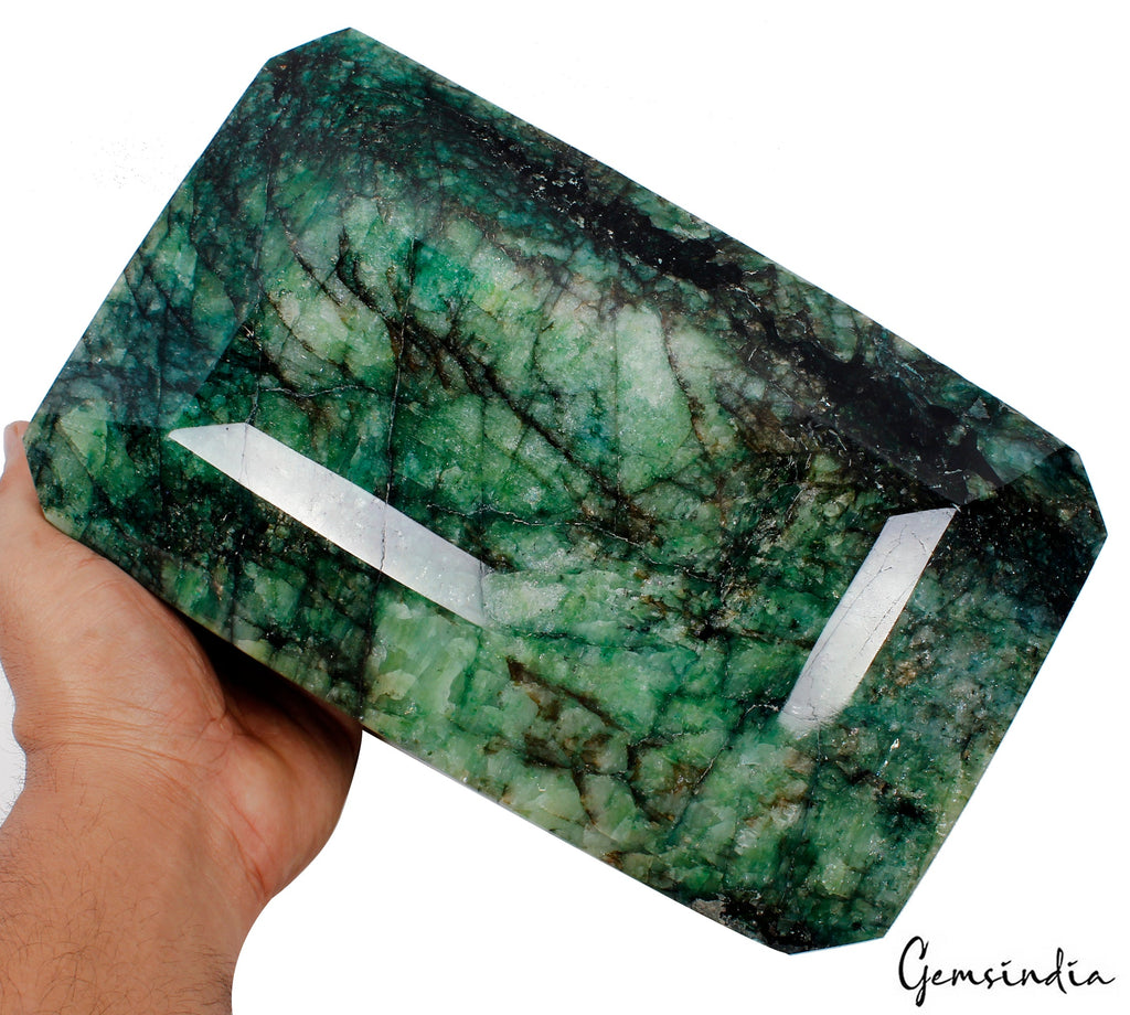 Large 6.7 Kg Natural Green Emerald Huge Octagon Cut Earth mined Gemstone W Stand