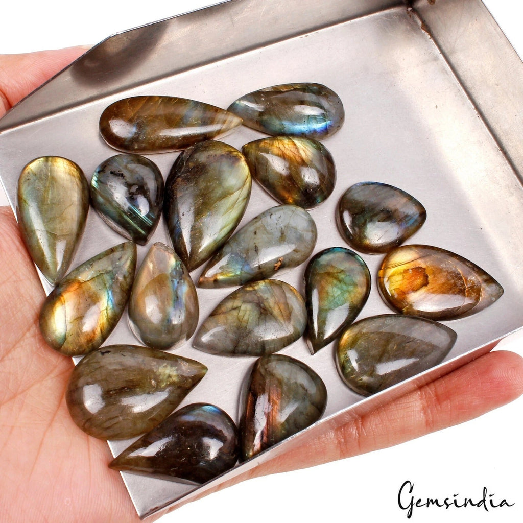 17 Pcs Natural Labradorite Pear Cabochon Loose Multi Shine Gemstones ~340 Cts