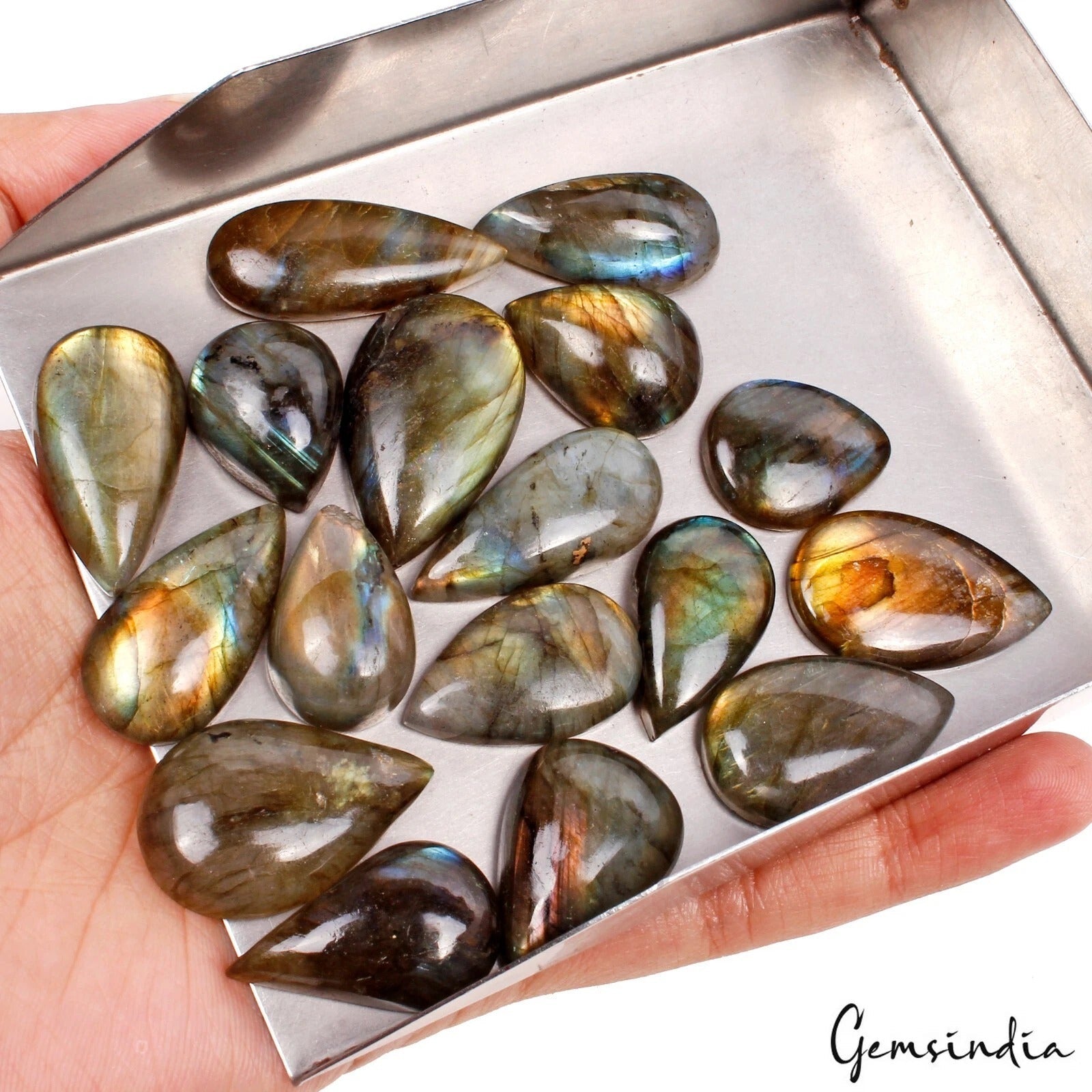 17 Pcs Natural Labradorite Pear Cabochon Loose Multi Shine Gemstones ~340 Cts