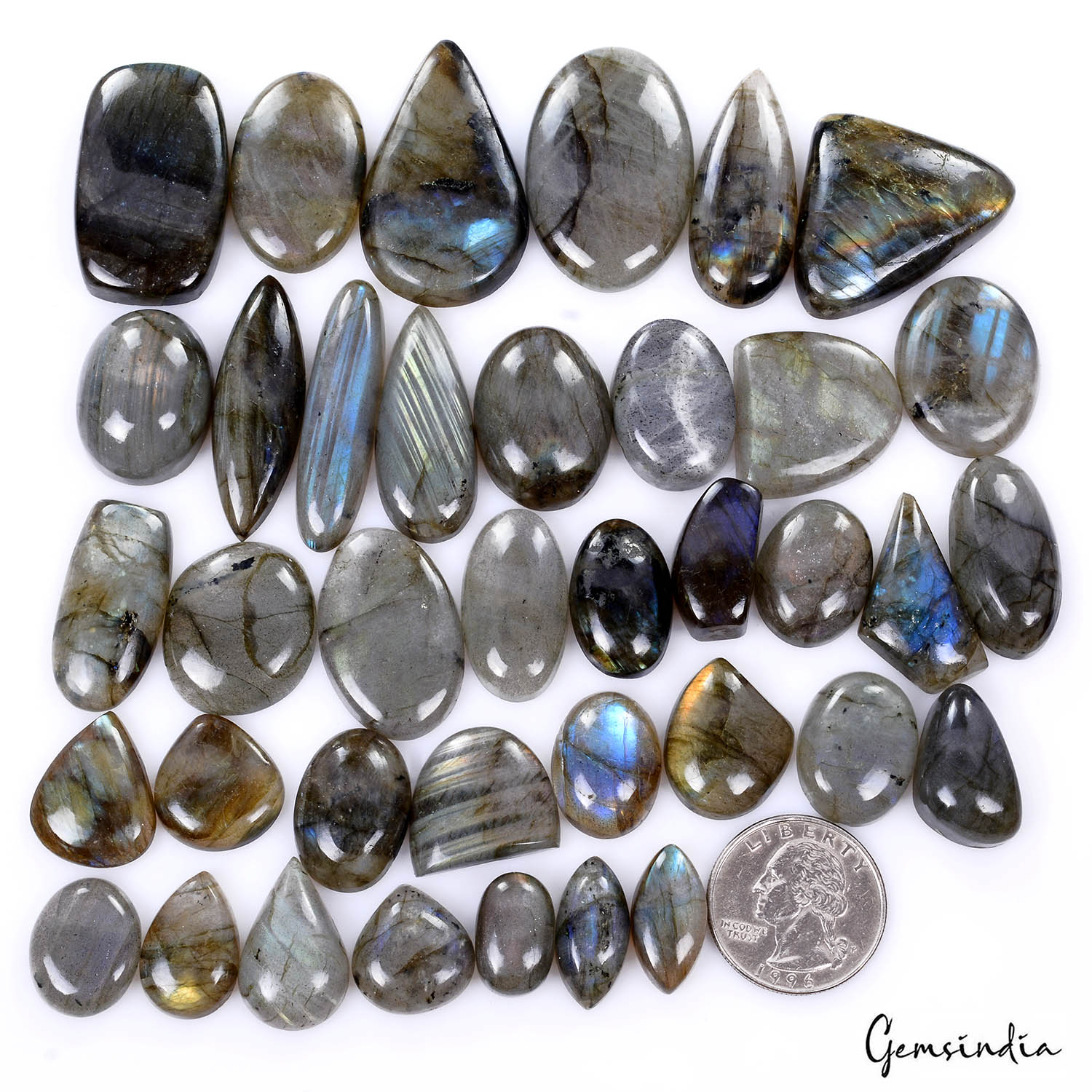 Labradorite Lot, Cabochon, Untreated — 38 Pieces, 16mm to 41mm, 900 Ct