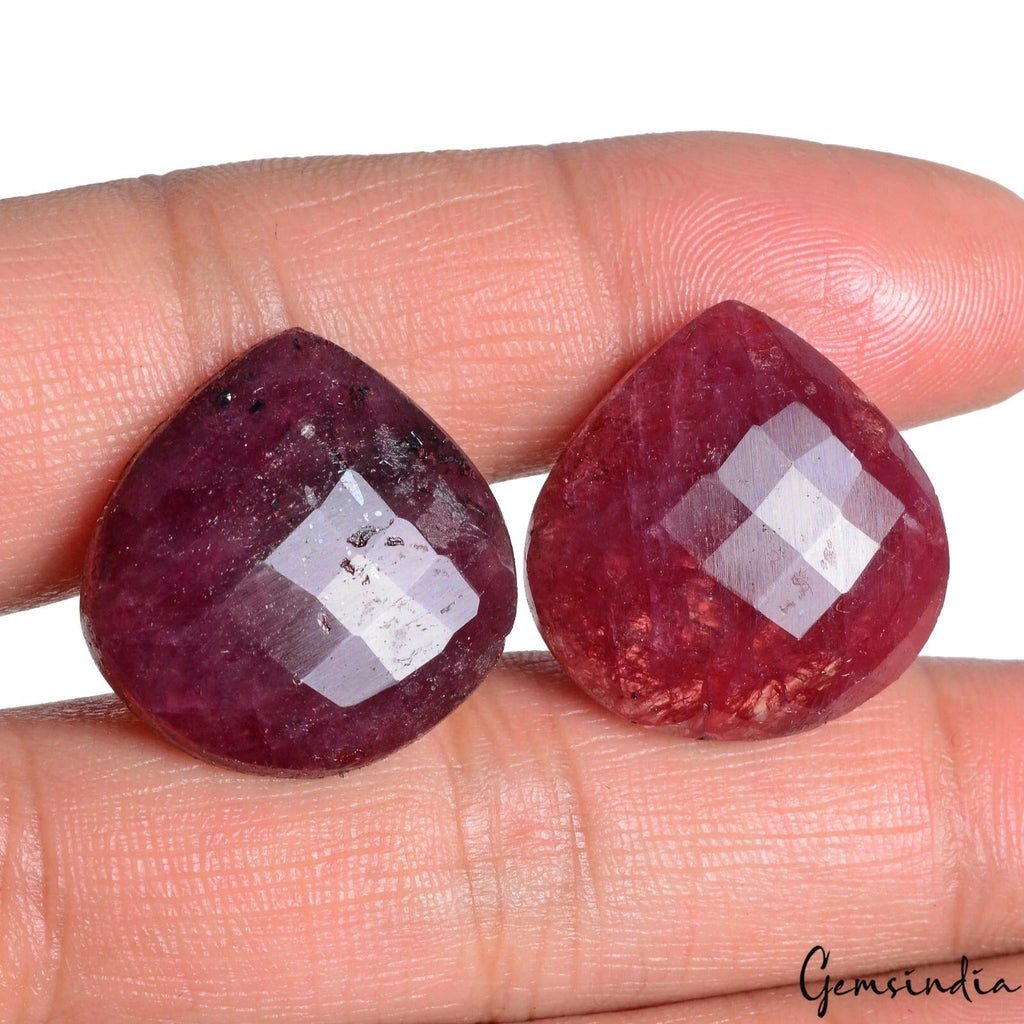 2 Pcs Natural Red Ruby Pear Checker Cut 23x22mm Loose Gemstones w/Flat Back