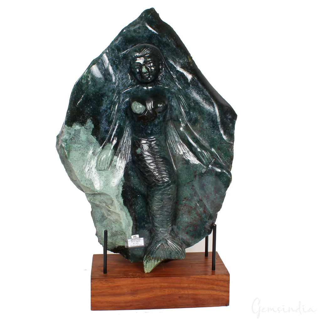 9.7 Kilo Moss Agate Mermaid Carved on Single Stone Rock Rough Figurine Statue