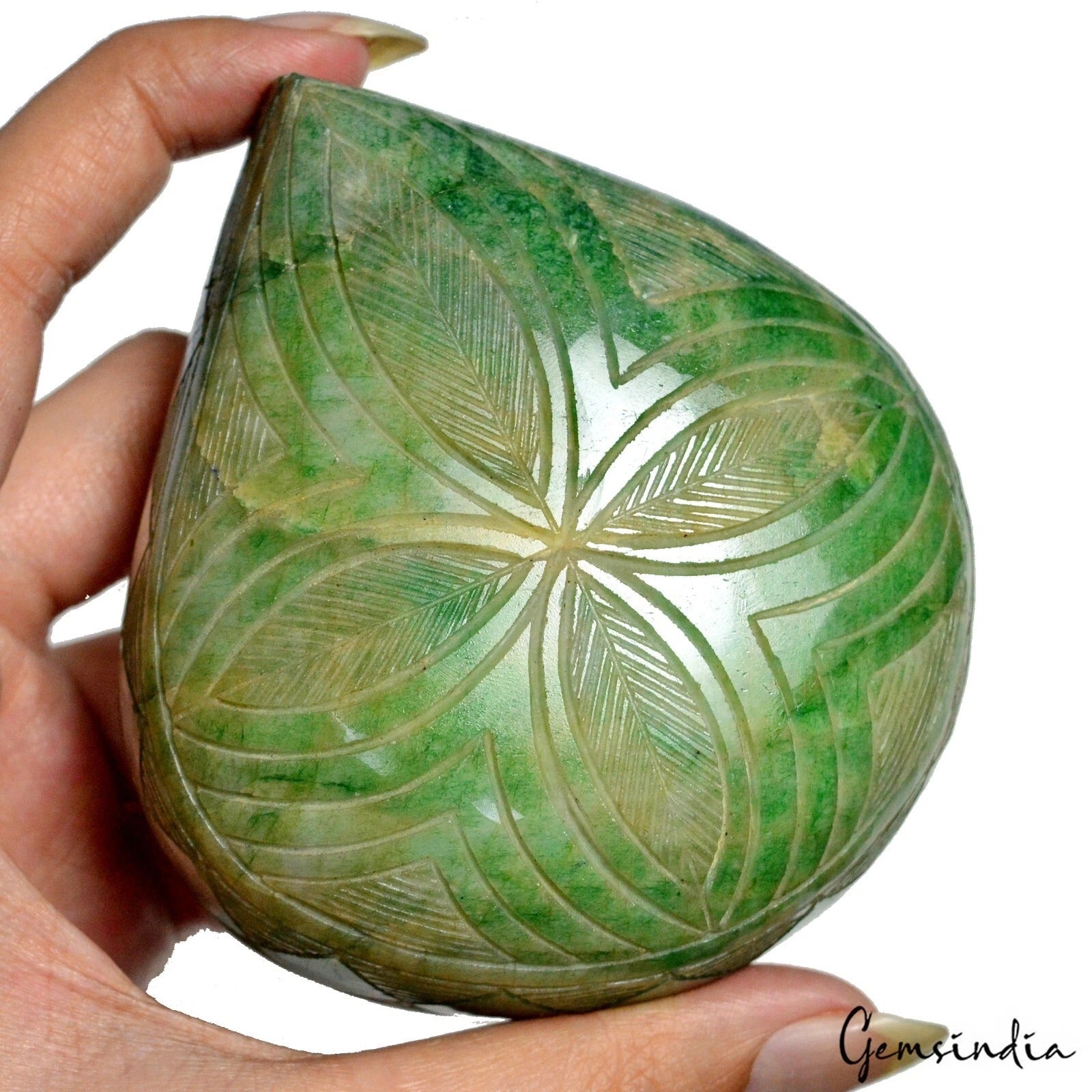 2300Ct Huge Hand Carved Green Emerald Natural Gemstone Teardrop - Flower Design