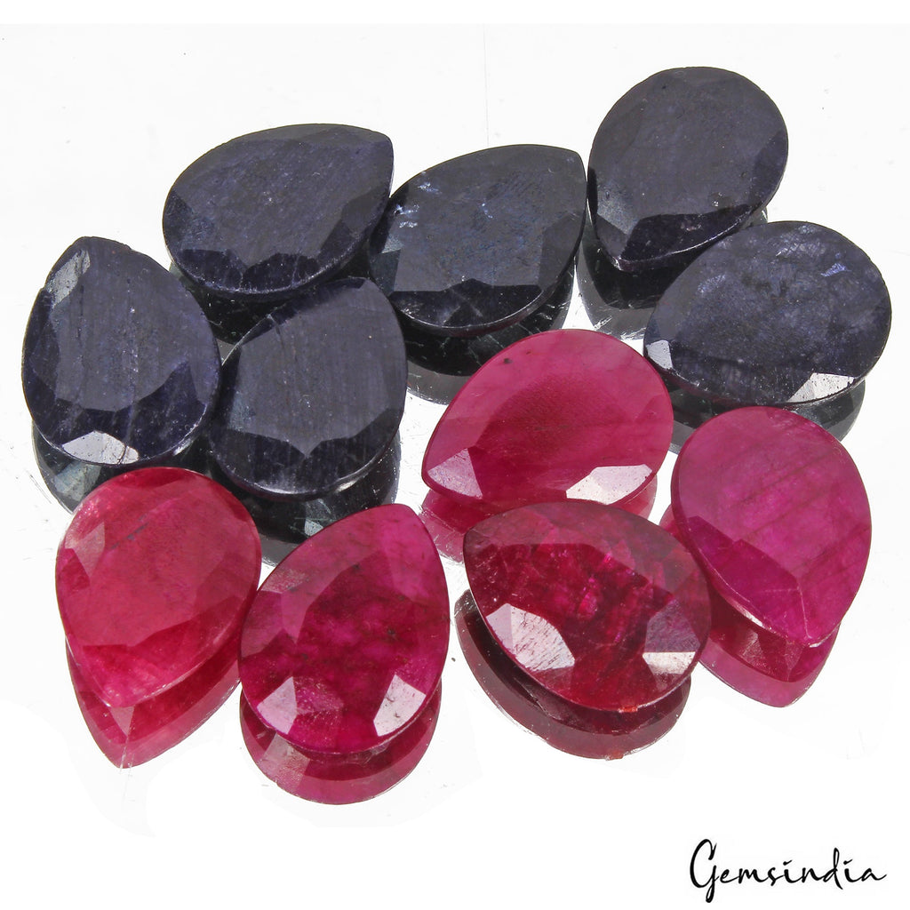 Certified 180 Cts/11 Pcs Natural Red Ruby Blue Sapphire Pear Calibrated Gems Lot