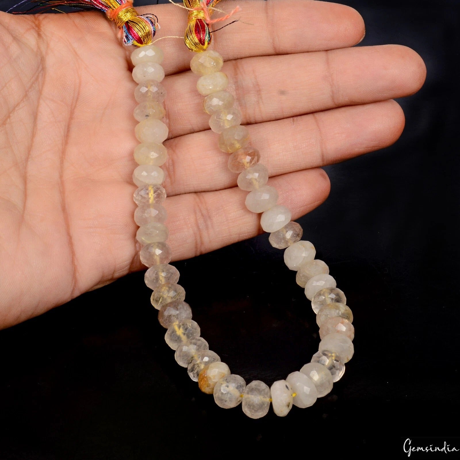 183.30 Ct Natural Untreated Golden Rutile Gem Round Faceted Cut Beaded 10" Stand