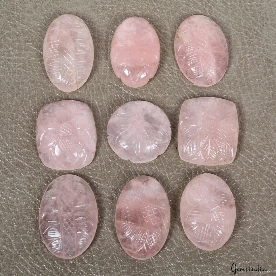 660 Ct/9 Pcs Natural Untreated Pink Rose Quartz Hand Carved Gems Lot For Jewelry