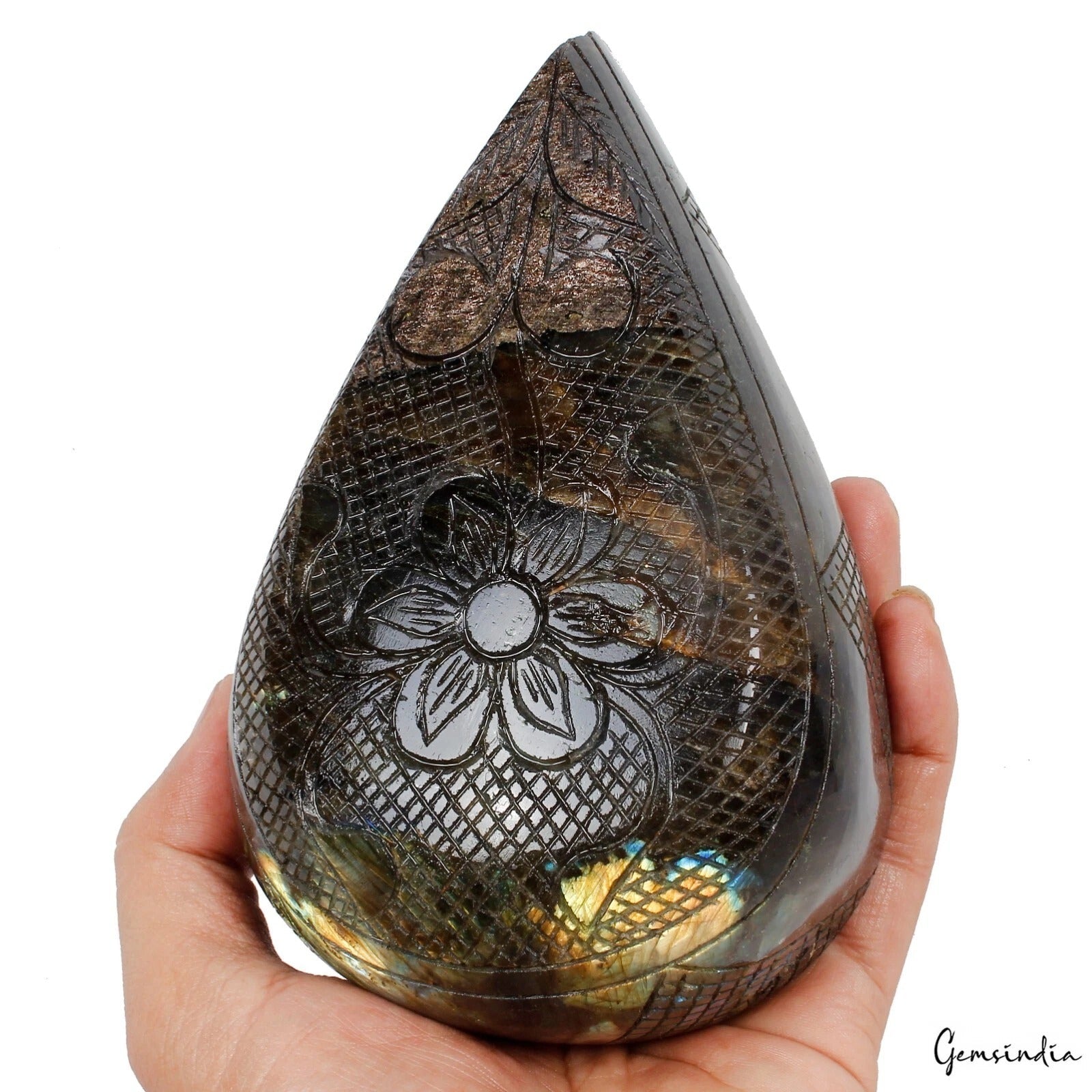 1.6 kg Natural Labradorite Carving Huge Teardrop Crystal Floral Etched Decor Gem