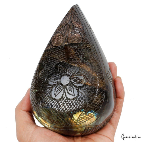 1.6 kg Natural Labradorite Carving Huge Teardrop Crystal Floral Etched Decor Gem