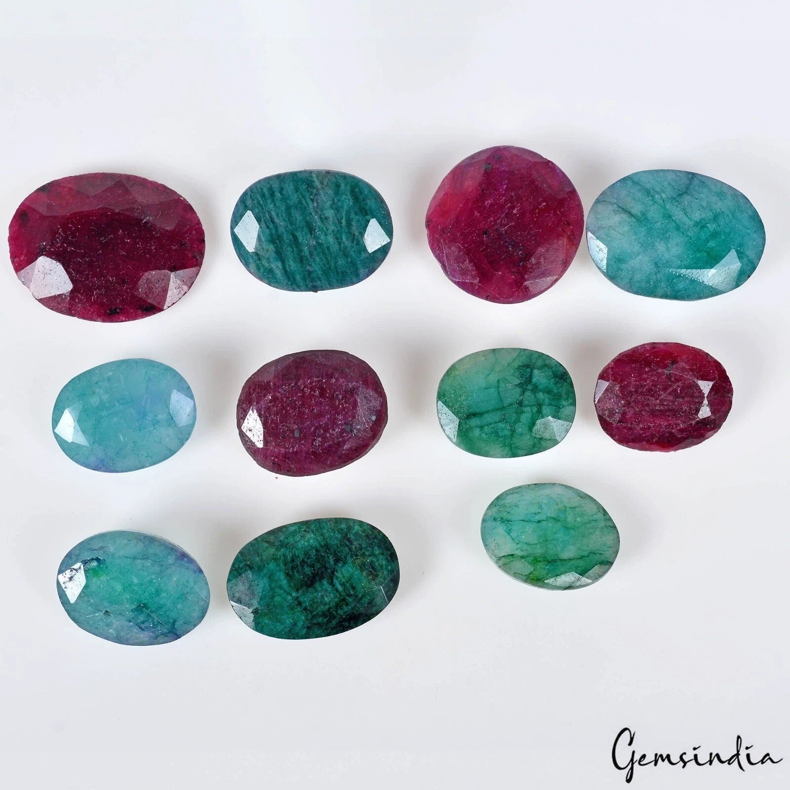 290 Ct/11 Pcs Natural Red Ruby Green Emerald Oval Cut Loose Gems Lot For Jewelry