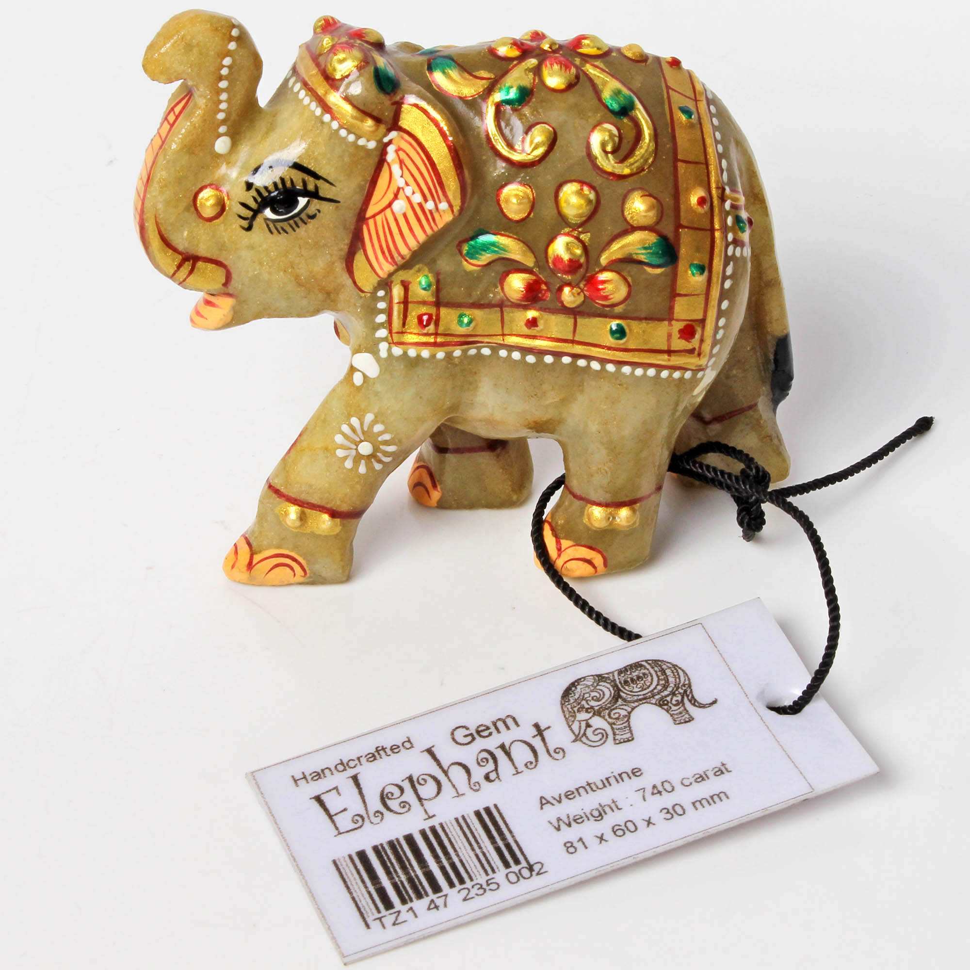 Aventurine Elephant Figurine, Gold — 81x60x30 mm, 740 Ct