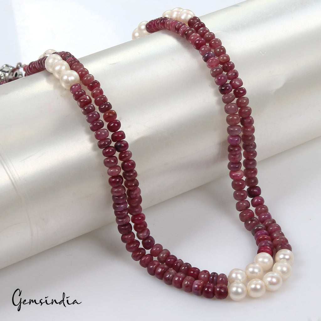 260.4 Ct Natural Red Ruby Freshwater Pearl Beaded Handmade Designer Necklace 20"