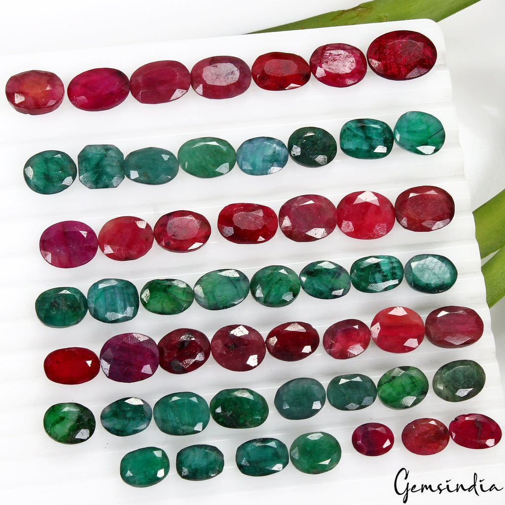 270 Cts/53 Pcs Natural Red Ruby Green Emerald Oval Cut Loose Certified Gemstones