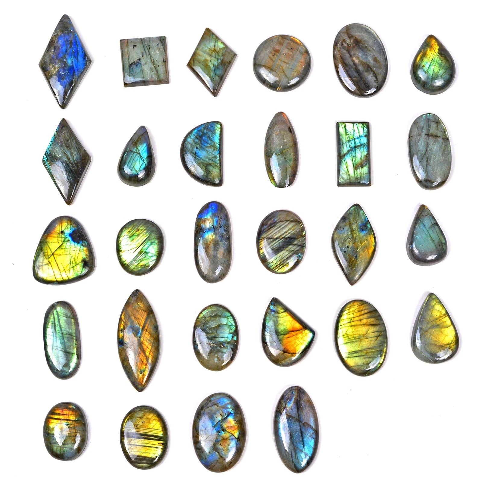 Labradorite Lot, Cabochon, Oval, Pear, Fancy & Rectangular Cabochon, Untreated — 28 Pieces, 28mm to 32mm, 1630 Ct