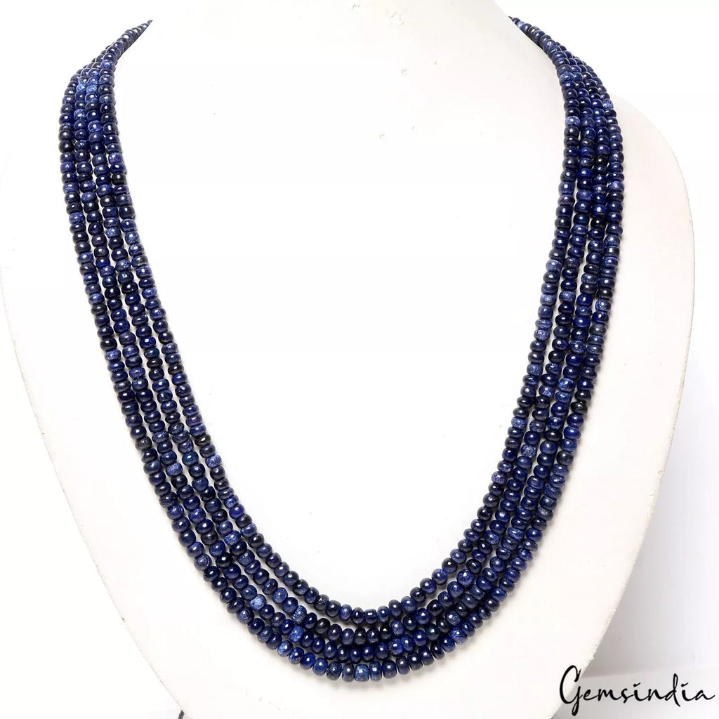 450 Ct Natural Dark Blue Sapphire Round Cab Beaded 4Strand Handmade Necklace 21"