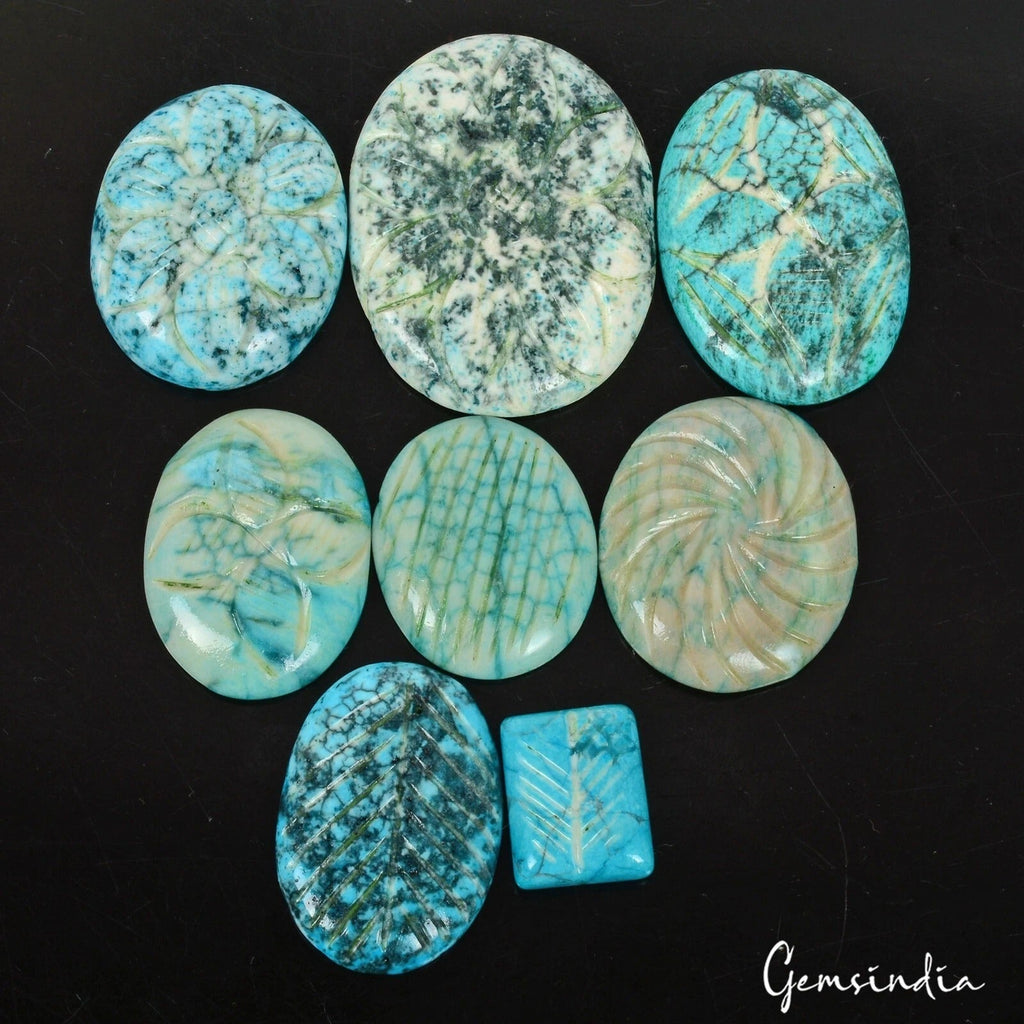 8 Pc Chinese Blue Turquoise Hand Carved Jewelry Kind Loose Gemstones Lot ~530 Ct