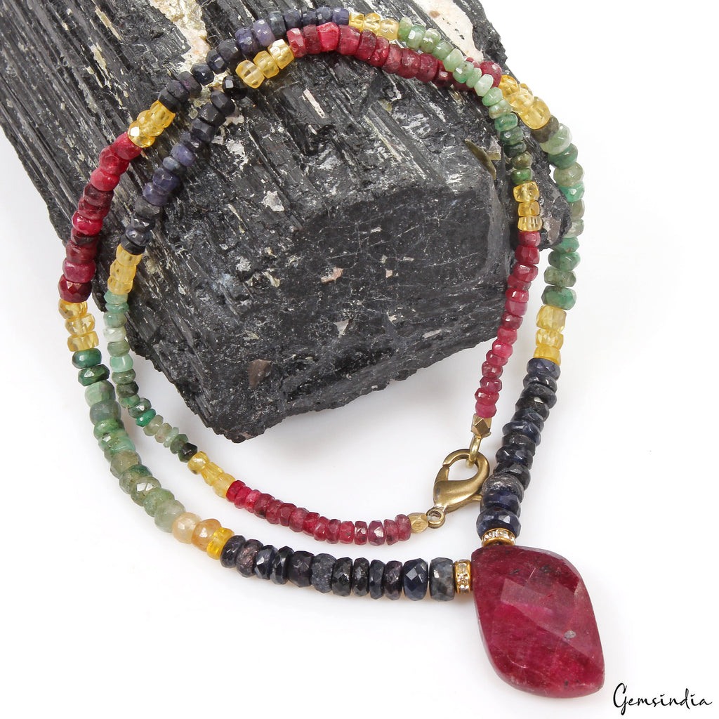 One Strand Natural Emerald Ruby Sapphire Necklace Faceted Beads w/Ruby Briolette