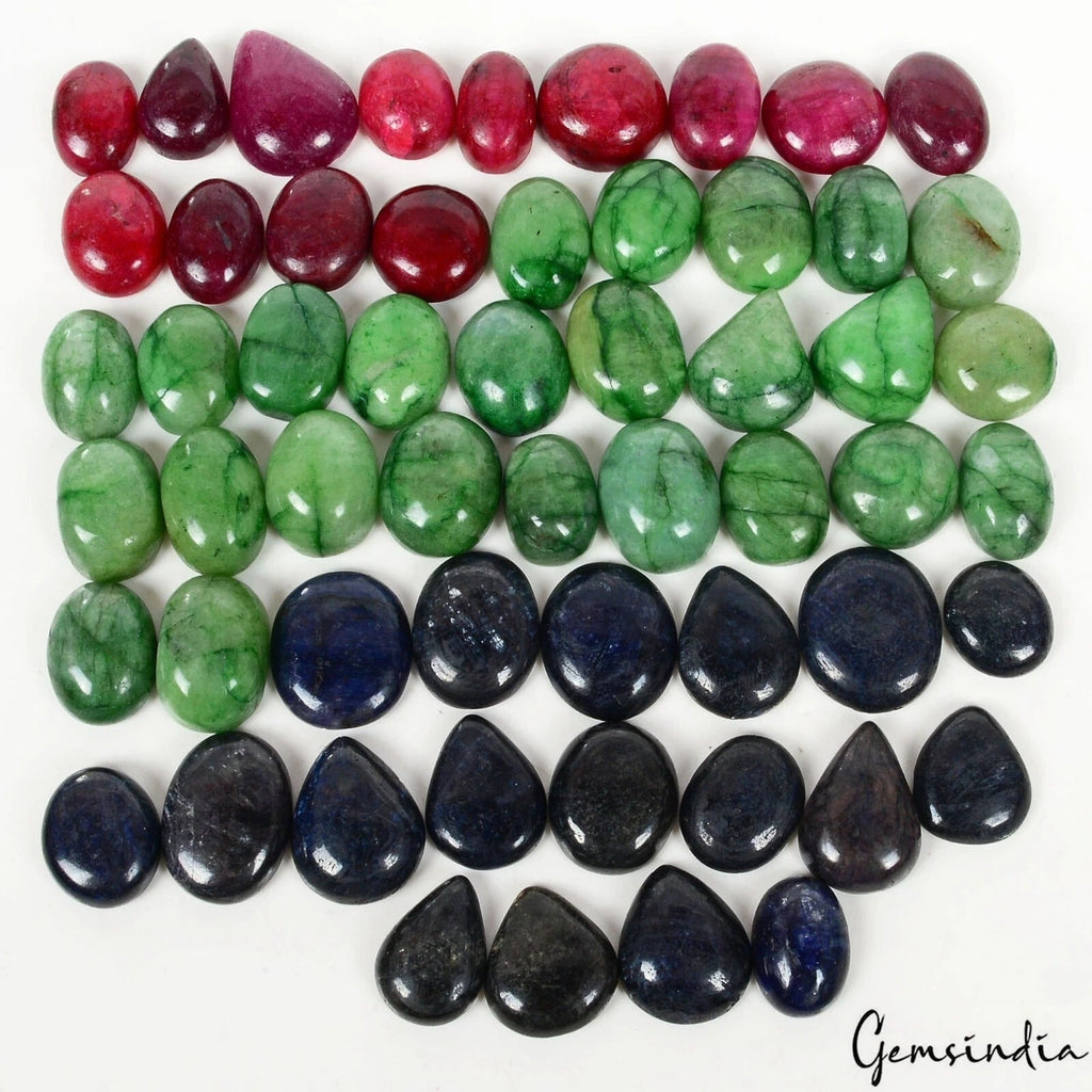 920 Ct Natural Emerald Ruby Sapphire Mix Cabochon Loose 14-21mm Gemstones~56Pc