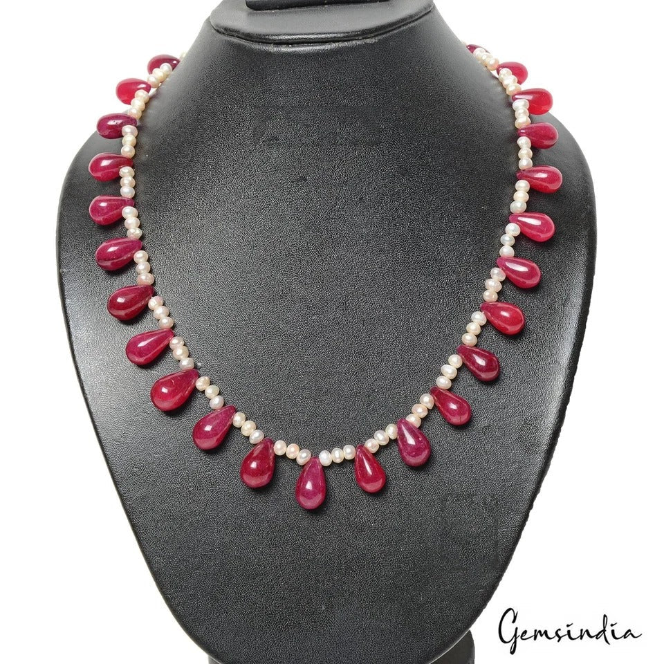 340 Ct Natural Pearl & Red Quartz Beads Handmade Necklace Jewelry for Women 19"