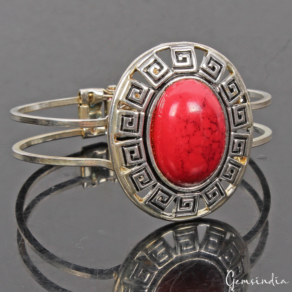 30.90 Gram Red Oval Hand Carved Bangle Bracelet Antique Fashion Jewelry 62mm