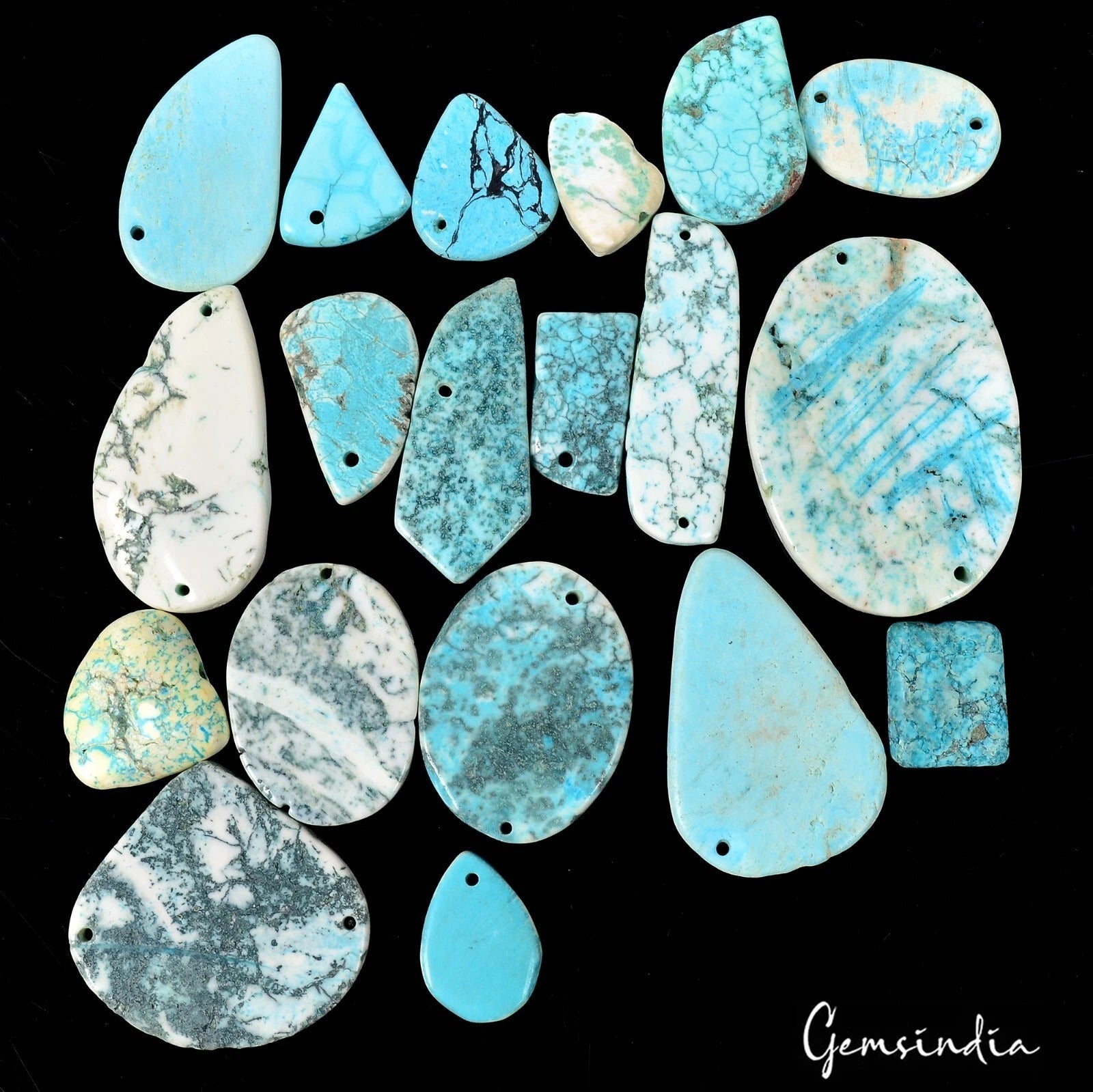 630 Ct/19 Pcs Freeform Chinese Turquoise Drilled Beads Fancy Cab Gem For Jewelry
