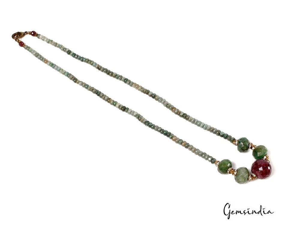 184.30 Ct Natural Red Ruby Green Emerald Round Beaded Single Strand Necklace 20"