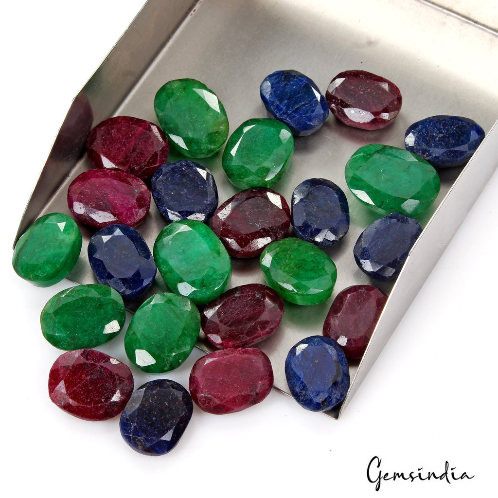 570 Ct Natural Ruby Emerald Sapphire Oval Cut Faceted Loose Certified Gems Lot