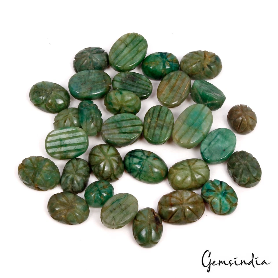 300 Cts Natural Green Brazilian Emerald Oval Shape Carving Loose Gemstone Lot