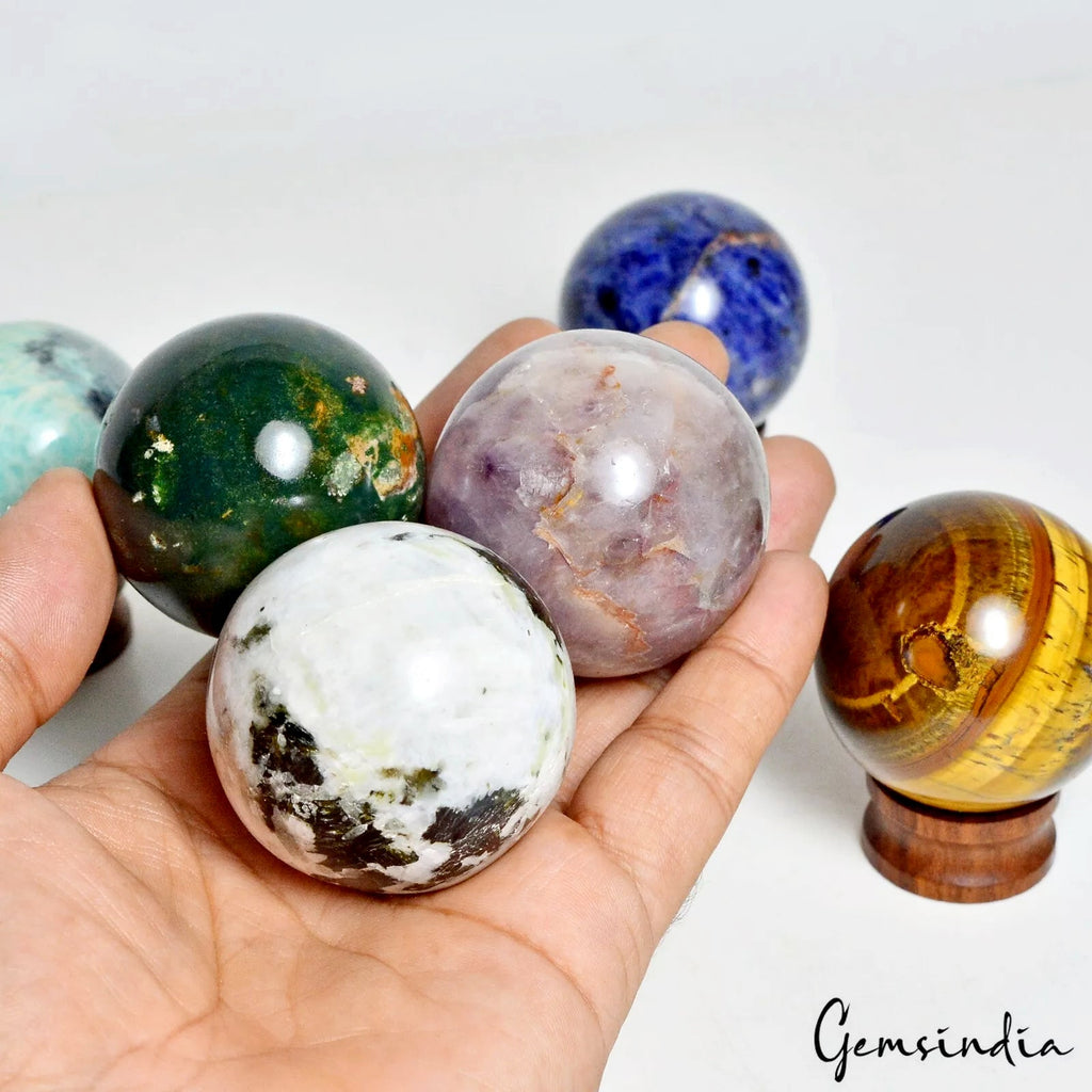 3300 Ct/6Pc Natural Multi Gemstones Crystal Healing Mineral Sphere Gemstones Lot