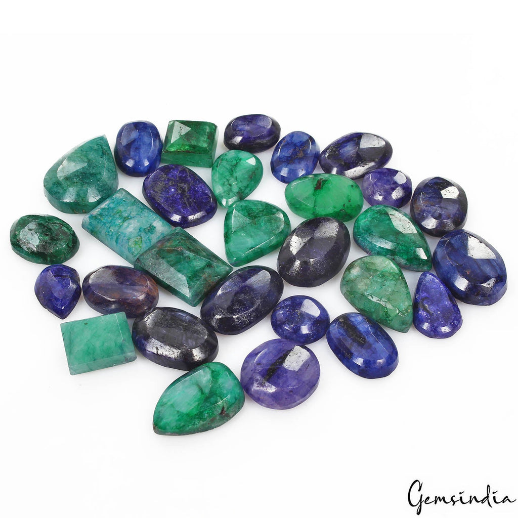 300 Cts/28 Pcs Natural Blue Beryl Green Emerald Mixed Cut Gems Lot For Jewelry