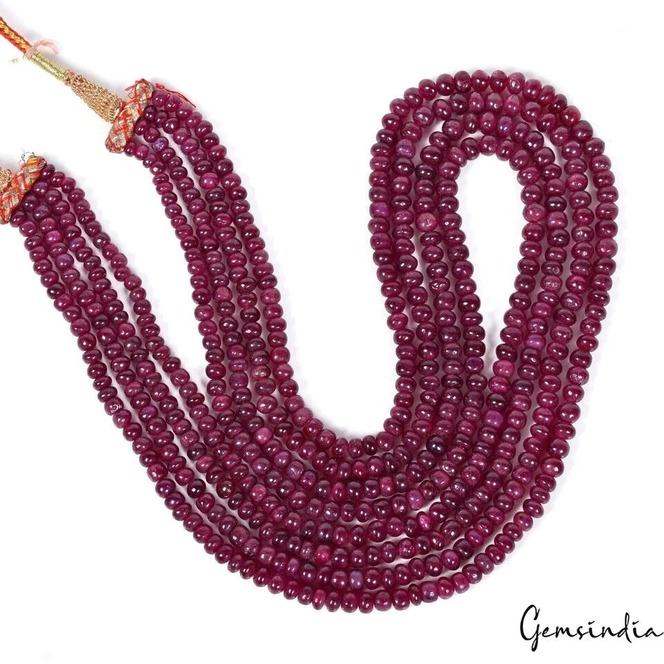 4 Strand Natural Ruby Necklace 4-6mm Plain Cabochon Beads W/ Silk Tassel 700 Cts