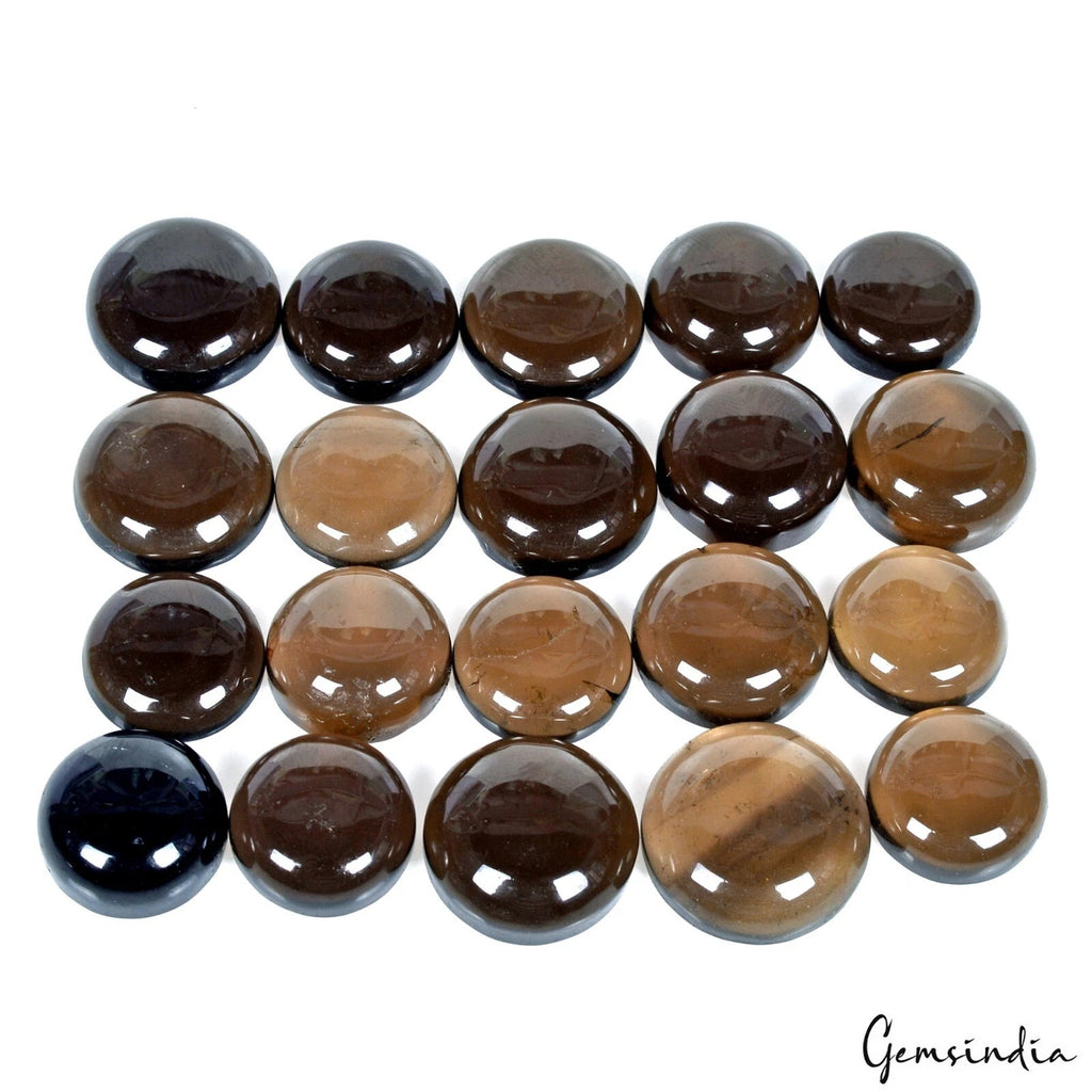 Smoky Quartz Lot, Loose Gemstone, Round Cabochon, Untreated — 20 Pieces, 17mm, 200 Ct