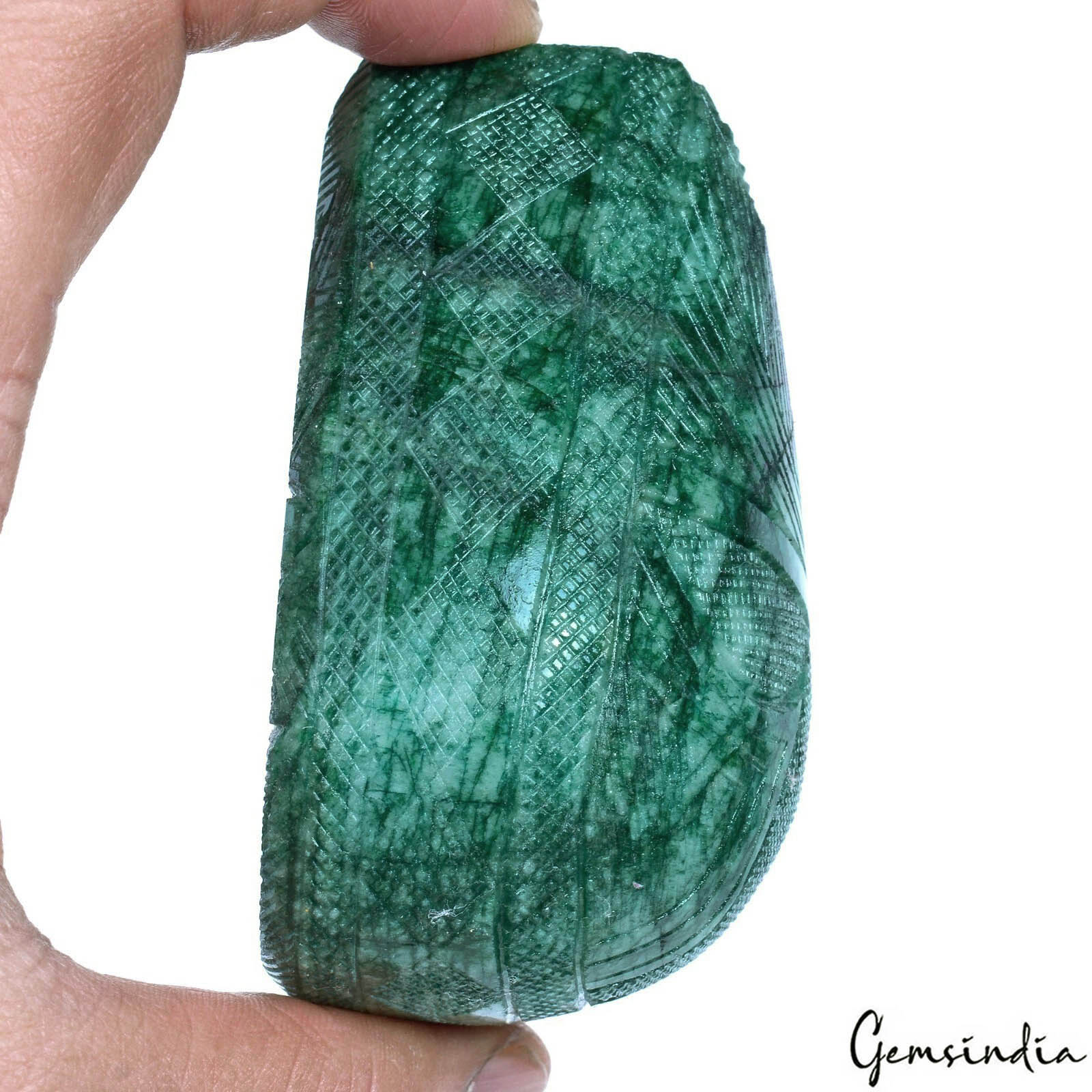 Emerald Carving, Pear Carved, Color Enhanced — 87x69x46mm, 2020 Ct, Brazil