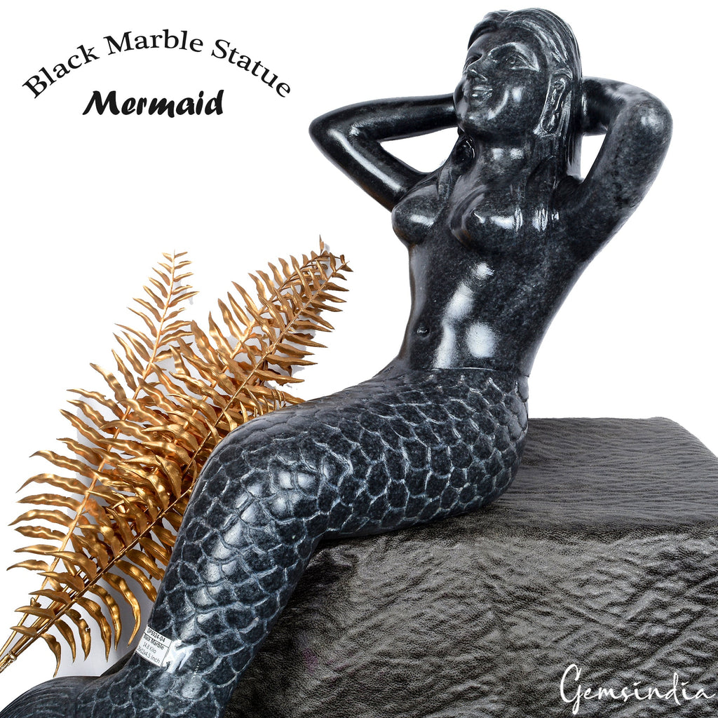 26 Inch Large Black Marble Mermaid Hand Carved Sitting Ocean Statue 14.8 kilo