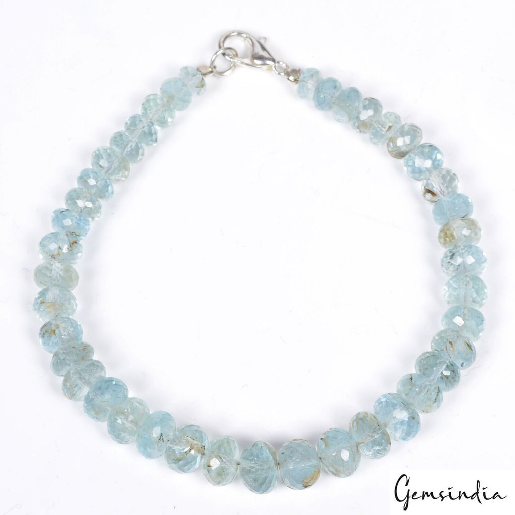 61.40 Ct Natural Blue Aquamarine Round Faceted Beaded Cut Handmade Bracelet 7.5"