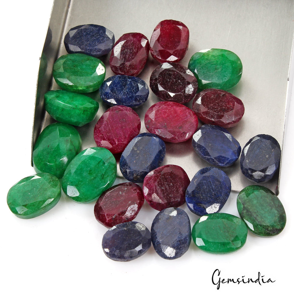 550 Ct Natural Ruby Emerald Sapphire Oval Cut Faceted Loose Certified Gems Lot