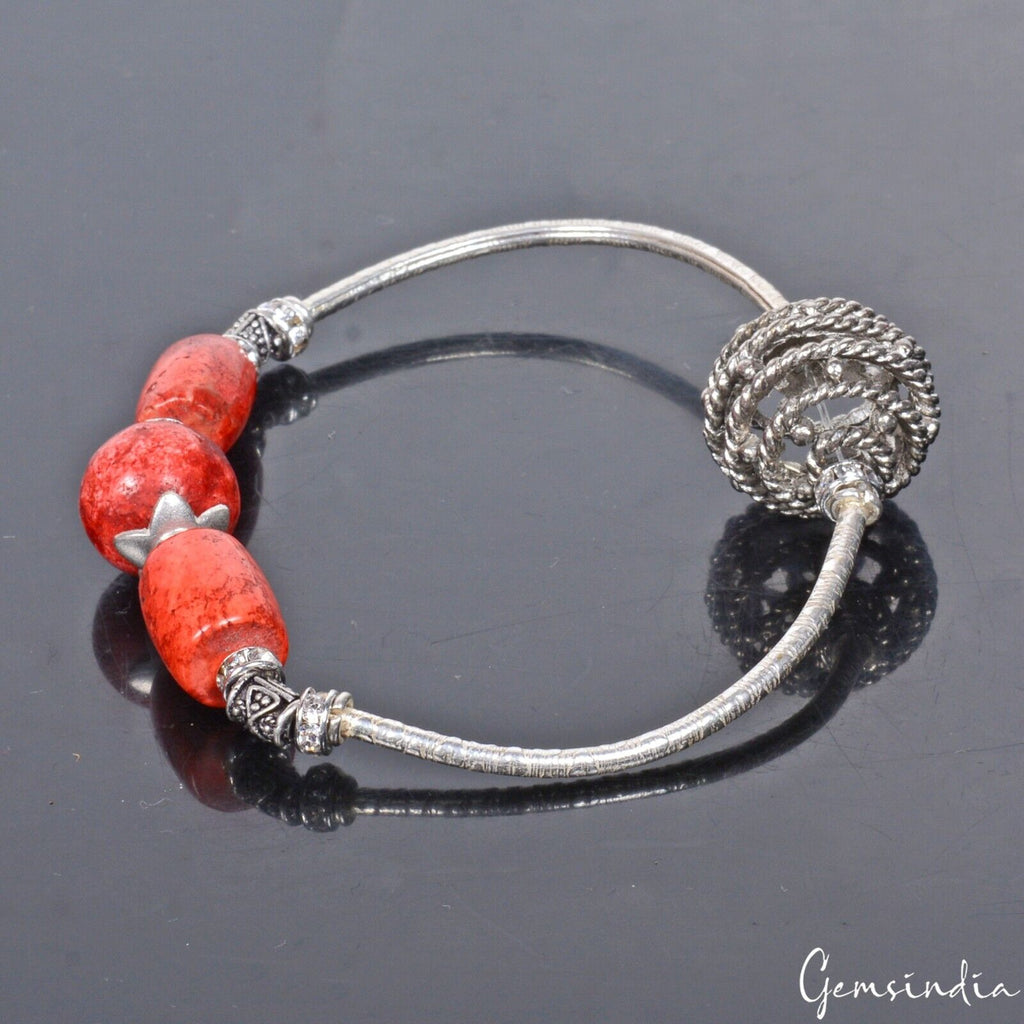 90.60 Cts Dark Orange Coral Gem Silver Stretchable Designer 6.5 Inch Bracelet
