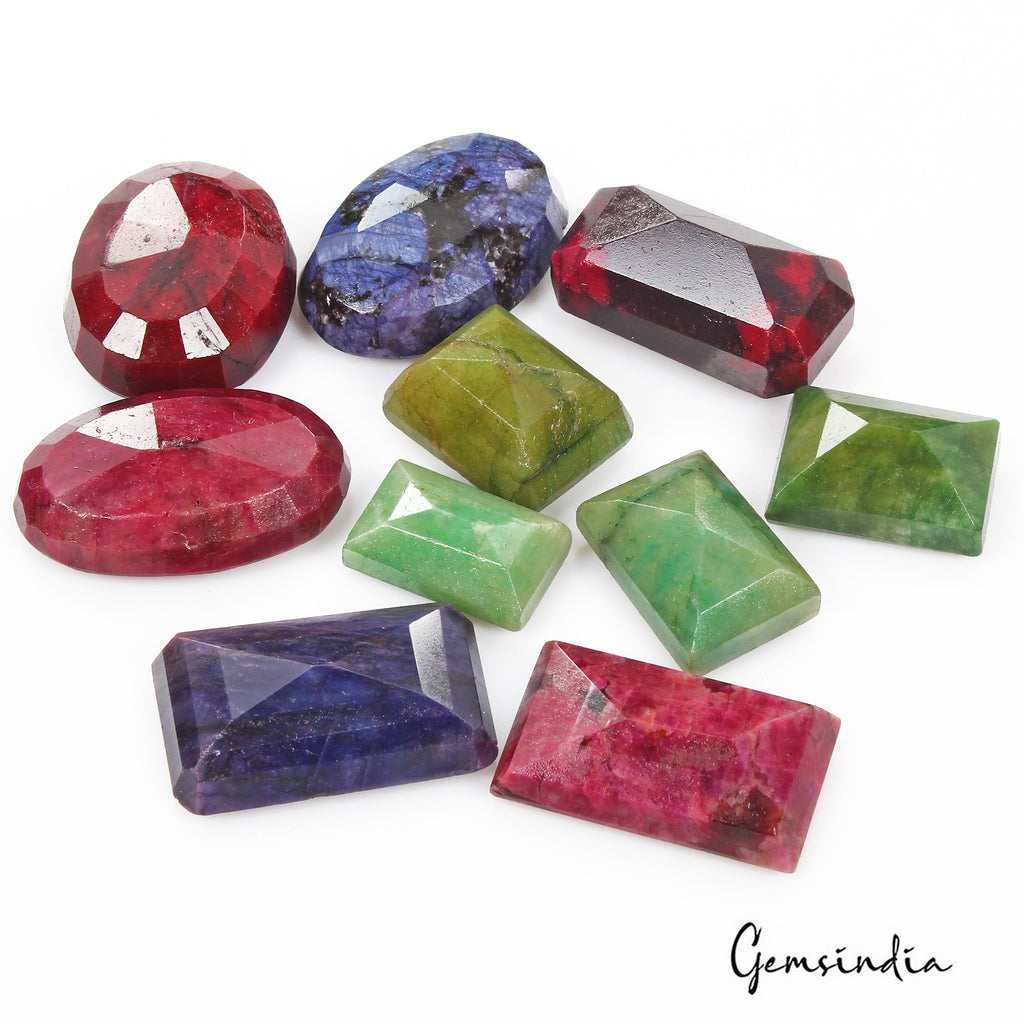 1060 Ct/10 Pcs Natural Multi Color Emerald Ruby Sapphire Mixed Cut Loose Gem Lot