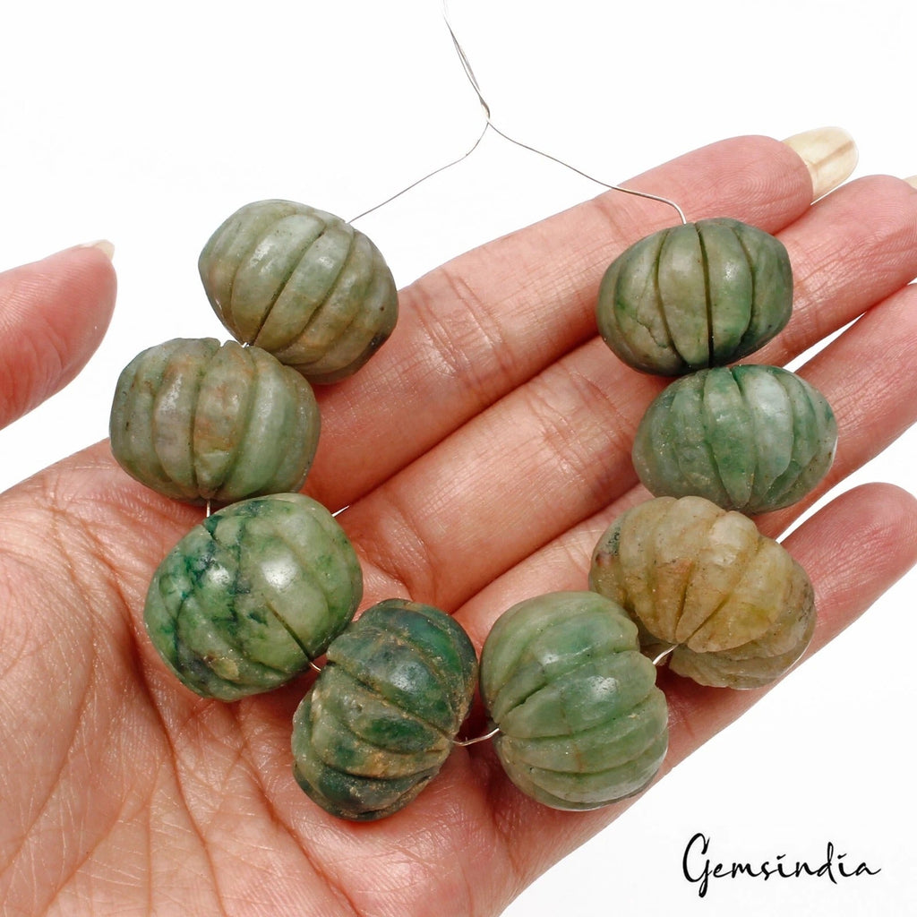 470 Ct Natural Green Emerald Gems Pumpkin Carving Drilled Loose Beads Lot 8 Pcs