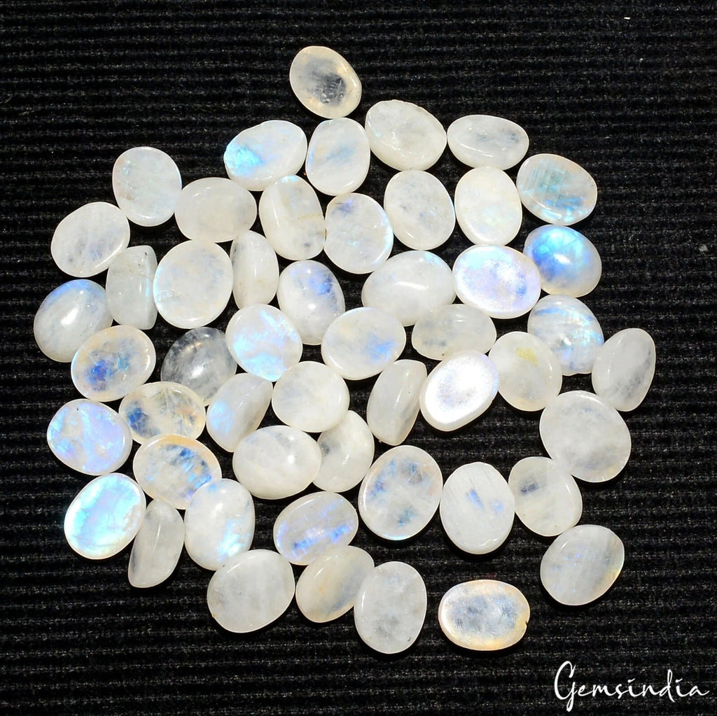 51 Pcs Natural Rainbow Moonstone 9-10mm Oval Blue Shines Cabochon Gemstones Lot