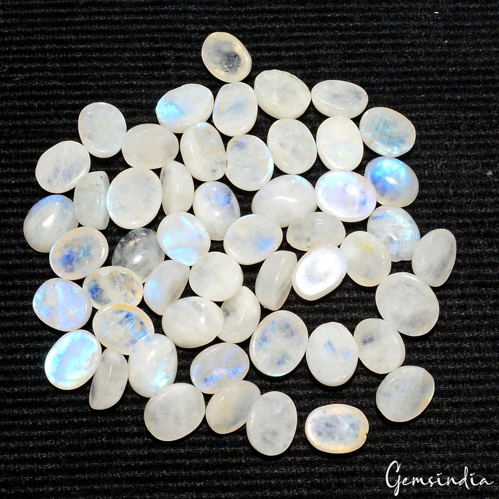 51 Pcs Natural Rainbow Moonstone 9-10mm Oval Blue Shines Cabochon Gemstones Lot
