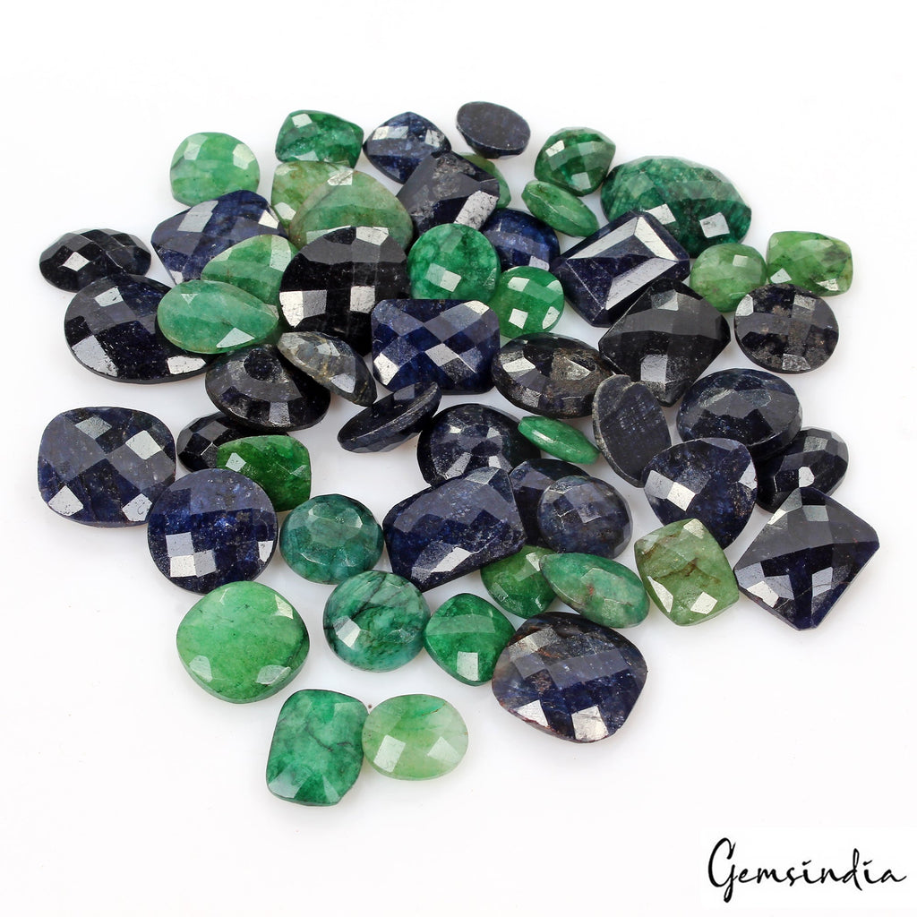 Certified 400 Ct Natural Emerald & Sapphire Mix Checker Cut Loose Gemstones Lot