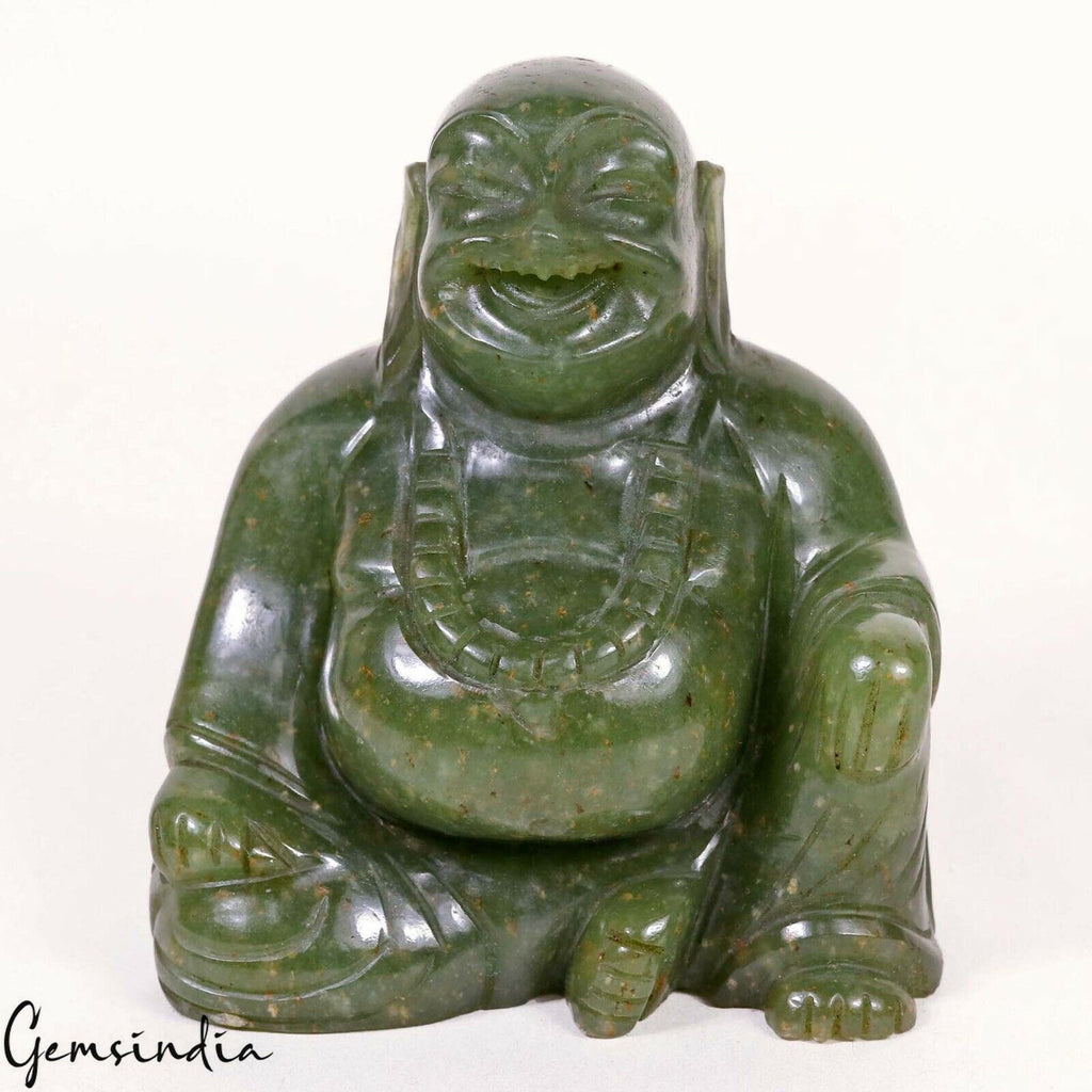 1430Ct Natural Untreated Aventurine Laughing Buddha Sculpture Hand Carved Gem 3"
