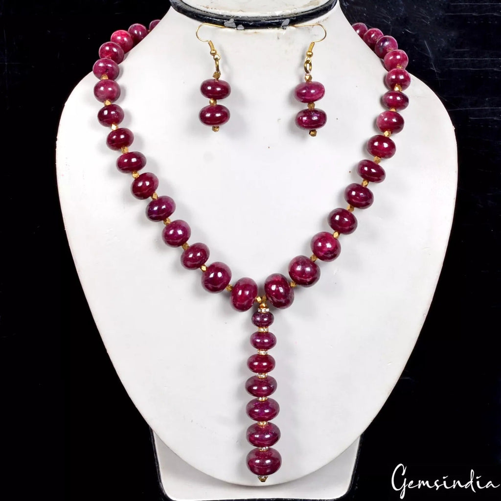 962+Ct Natural Red Ruby Smooth Round Cabochon Beads Gemstone Necklace & Earrings