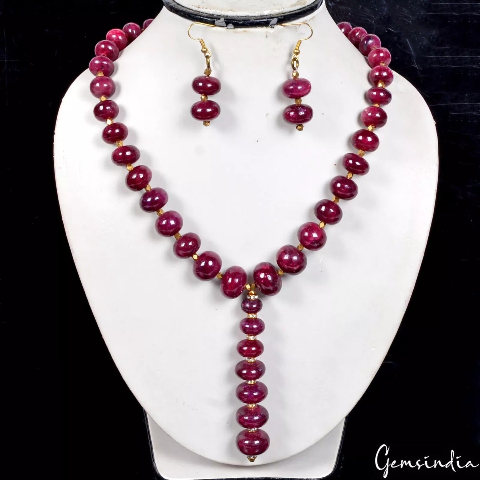 962+Ct Natural Red Ruby Smooth Round Cabochon Beads Gemstone Necklace & Earrings