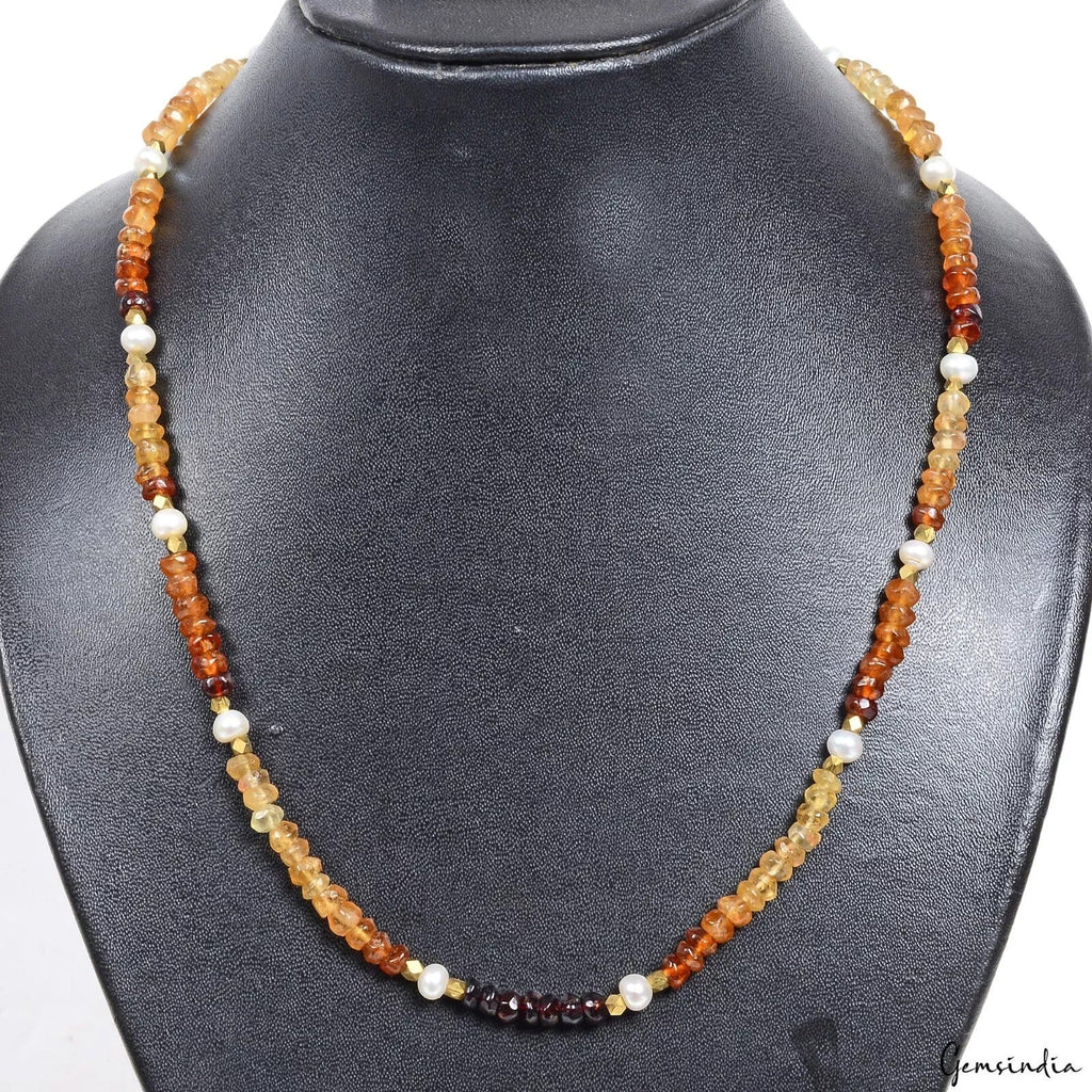 150 Ct Untreated Hessonite Garnet & Pearl Round Cut Bead Handmade Necklace 20"