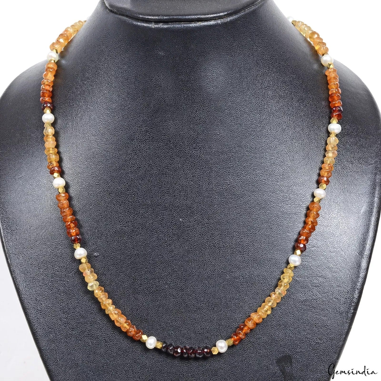 150 Ct Untreated Hessonite Garnet & Pearl Round Cut Bead Handmade Necklace 20"
