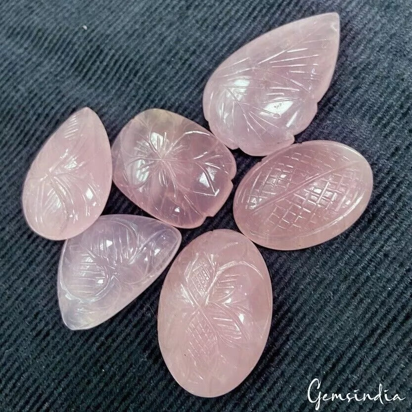 400 Cts/6 Pcs Natural Untreated Pink Rose Quartz Mix Hand Carved Loose Gems Lot