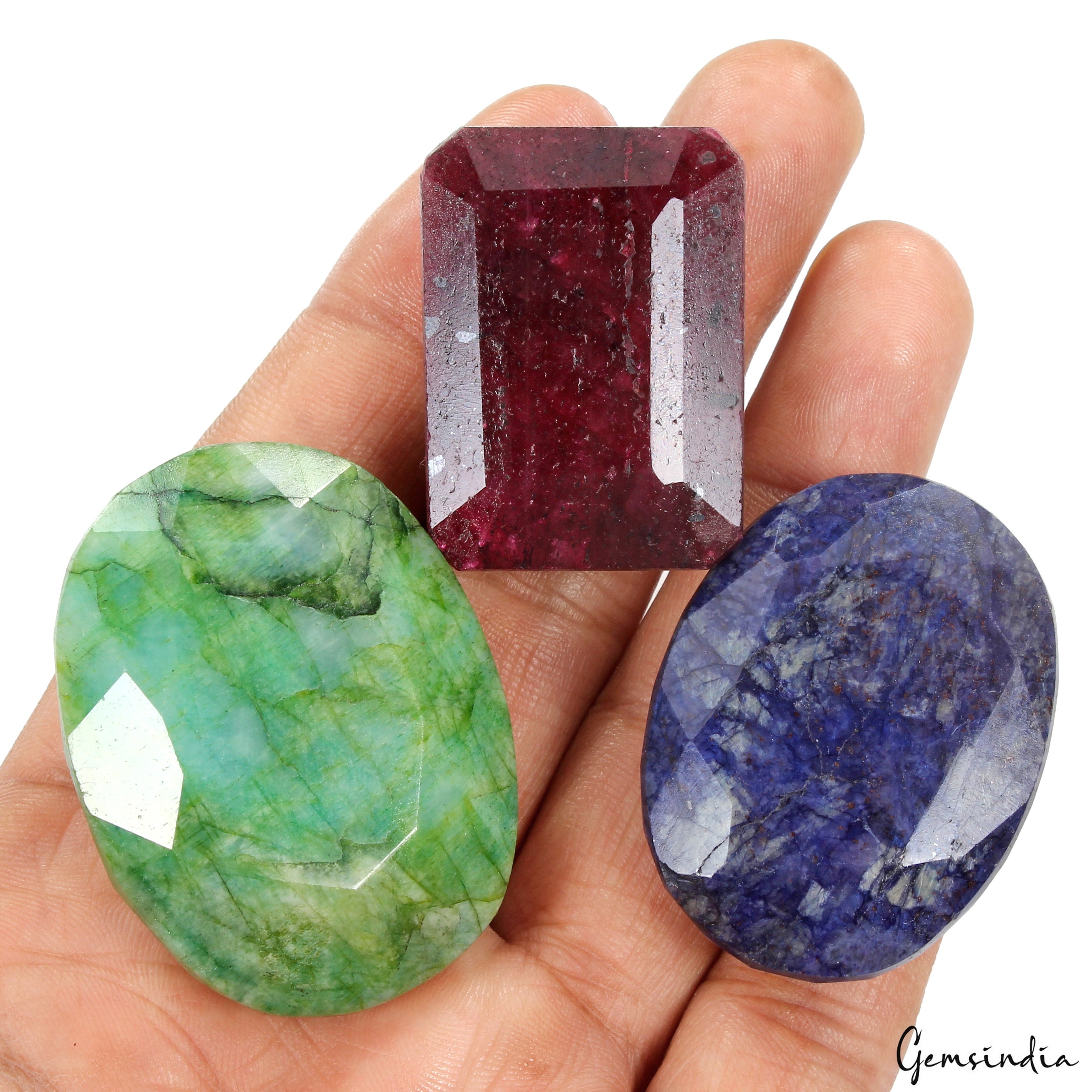 590 Cts Natural Ruby, Sapphire & Emerald Mix Cut Loose Huge Gemstones 3 Pcs Lot