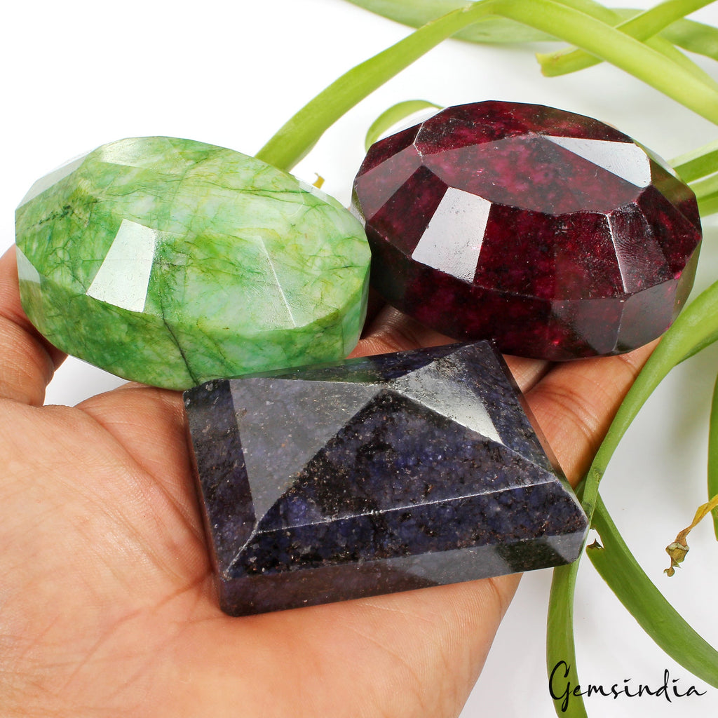 3100 Ct/3 Pcs Natural Multi Color Emerald Ruby Sapphire Mixed Cut Huge Gems Lot